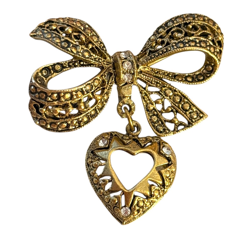 Vintage Gold Tone‎ Filigree Bow Heart Dangle Brooch Marcasite Rhinestone Pin